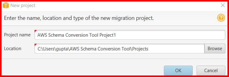 Picture showing a popup window for specifying the name and location of the project